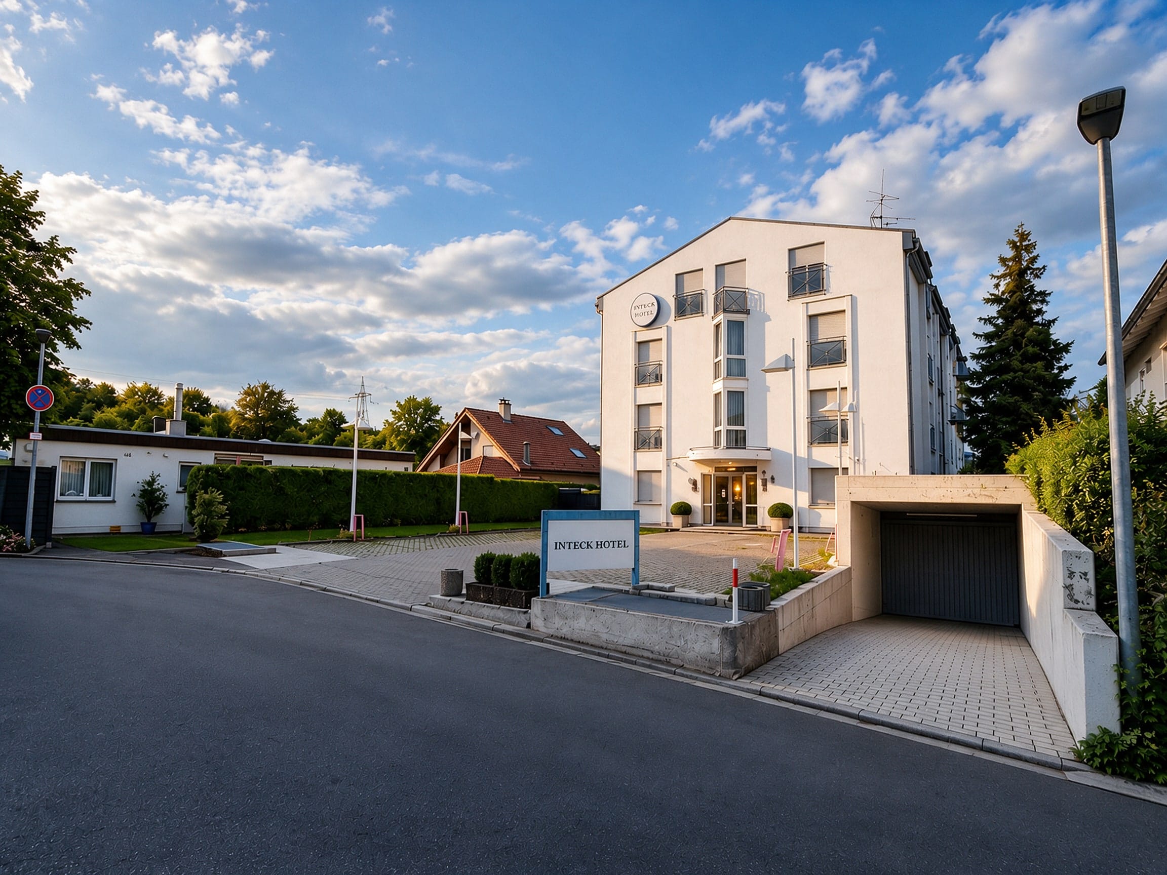 Inteck Hotel in Dettingen unter Teck im Abendlicht, mit Hotelschild und Tiefgaragenzufahrt